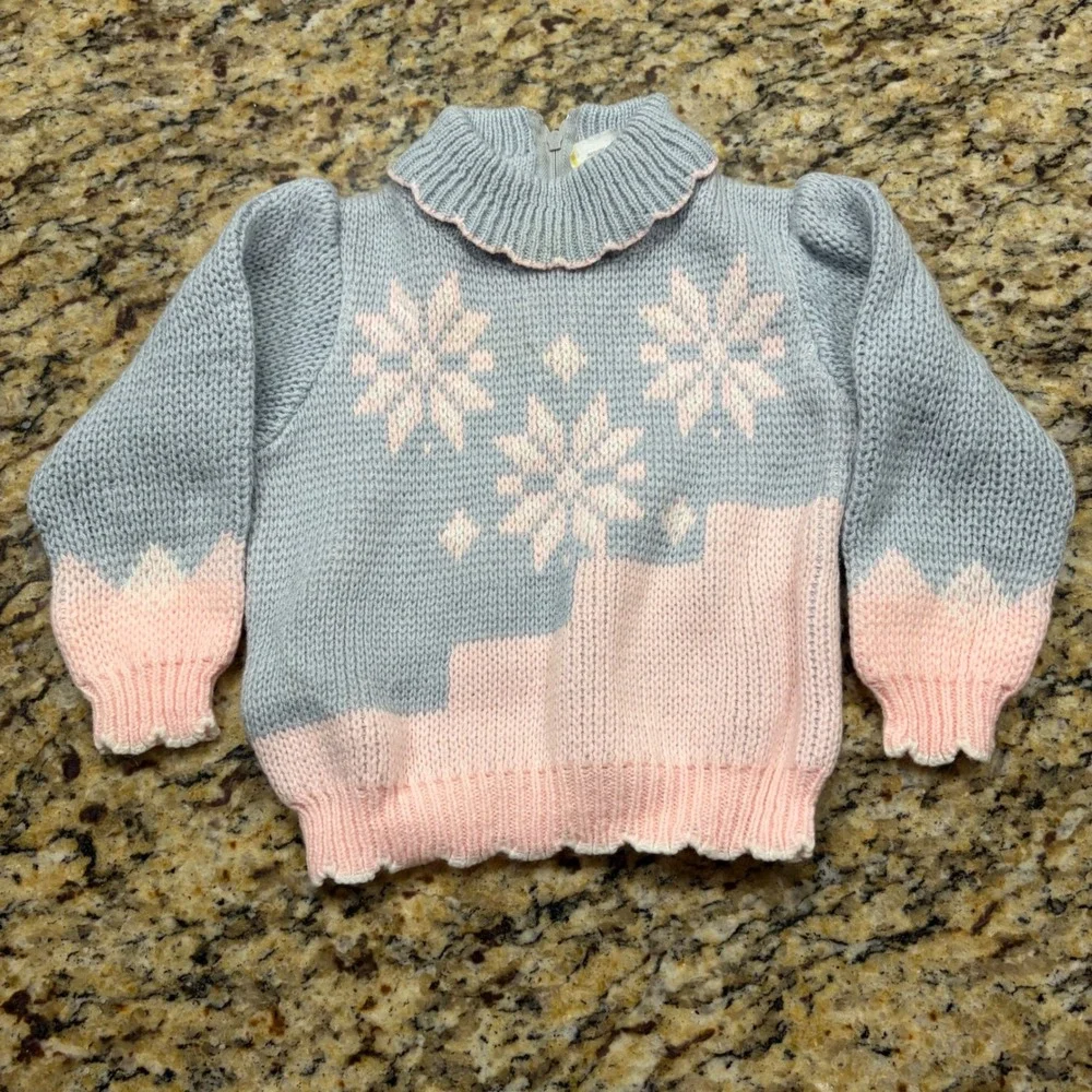 Vintage Toddler Girls Snowflake Knit Sweater Blue Pink Ruffle Neck Zip Back 2T